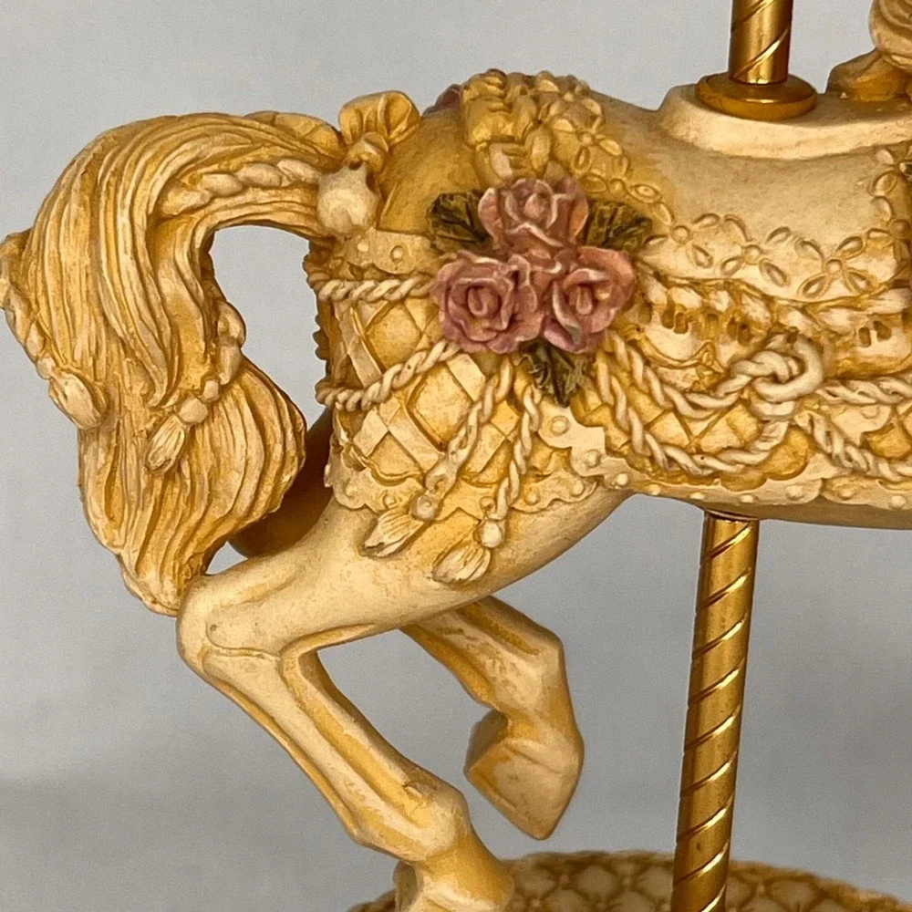 Vintage Carousel Horse Music Box WORKING Carousel Waltz Floral Gold Tone